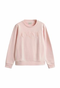 Felpa rosa chiaro realizzata in cotone morbido. Presenta un collo rotondo, maniche lunghe e un logo del marchio in rilievo sul davanti.