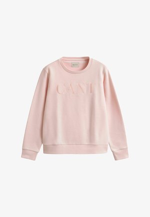 Helles rosa Sweatshirt aus weicher Baumwolle. Mit Rundhalsausschnitt, langen Ärmeln und einem geprägten Markenlogo auf der Vorderseite.