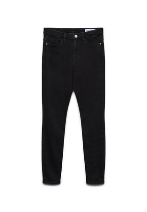 Jean noir slim avec cinq poches, fermeture à bouton et passants pour ceinture, présenté à plat sur un fond blanc.