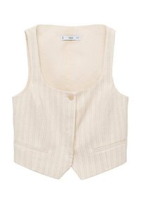 Gilet beige con righe verticali, chiusura a bottoni e due tasche frontali. Il colletto è ampio e il tessuto sembra avere una texture.