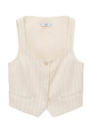 Béžová vesta s vertikálními pruhy, zapínáním na knoflíky a dvěma předními kapsami. Výstřih je široký a látka vypadá texturovaně.