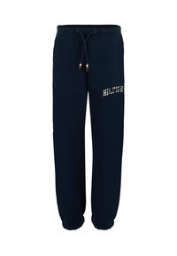 Marineblauwe katoenen joggingbroek met een elastische tailleband, aantrekkoord en ribgebreide boorden. "HILFIGER" logo in beige aan de zijkant.