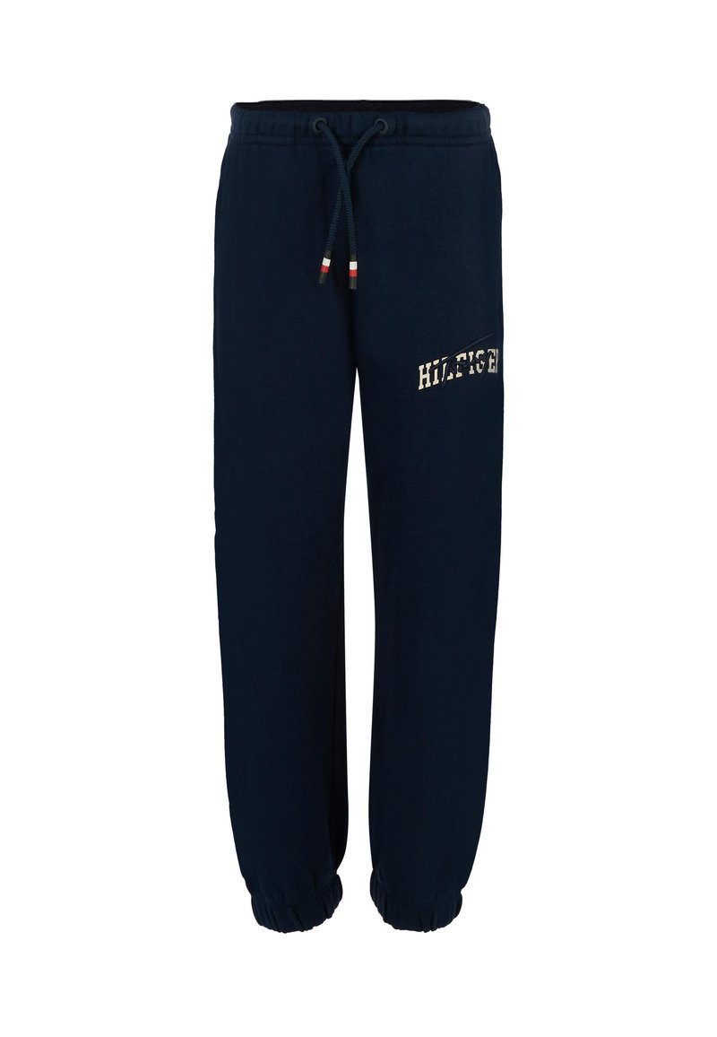 Marineblauwe katoenen joggingbroek met een elastische tailleband, aantrekkoord en ribgebreide boorden. "HILFIGER" logo in beige aan de zijkant.