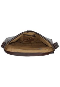 Borsa a tracolla in pelle marrone con un ampio interno foderato in tessuto beige, numerose tasche e una finitura esterna liscia. Inclusa una tracolla regolabile.