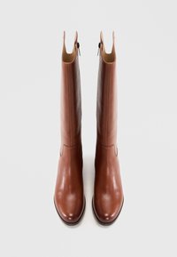 Brown leather knee-high boots with a smooth texture, a rounded toe, and a zip closure at the back. Features stitched accents on the upper.