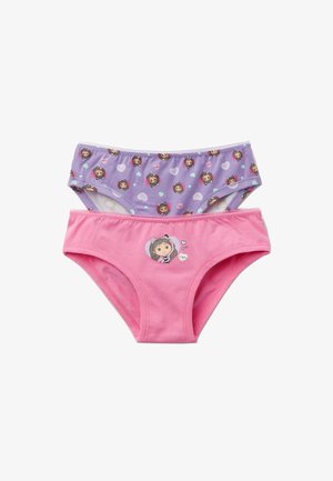 Zwei Paare Kinderunterwäsche: eine lilafarben mit Charakterdruck und Herzen, eine rosa mit einer Charaktergrafik, beide aus weichem Baumwollstoff.