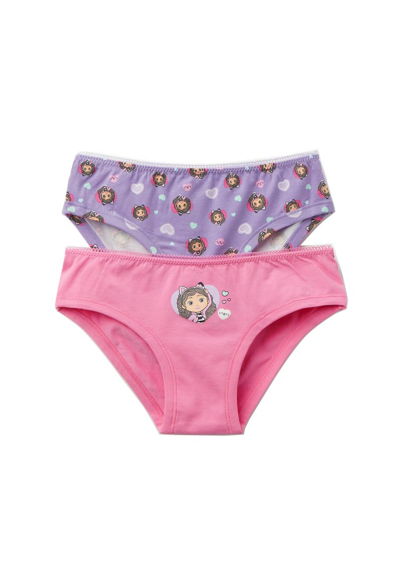 Zwei Paare Kinderunterwäsche: eine lilafarben mit Charakterdruck und Herzen, eine rosa mit einer Charaktergrafik, beide aus weichem Baumwollstoff.