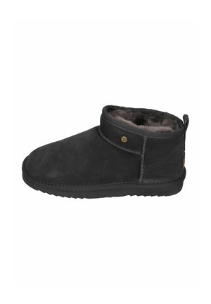 Black suede ankle boot with a rounded shape, soft fur lining, a stitched seam, and a small logo accent on the side. Rubber sole provides traction.