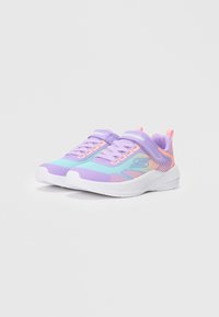 Purple athletic shoes with gradient design, mesh upper, and white sole. Features include dual straps and vibrant pink accents.