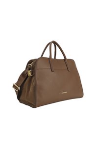Borsa a tracolla in pelle marrone con una forma strutturata, finitura testurizzata, doppi manici superiori e tracolla rimovibile. Dettagli in metallo dorato.