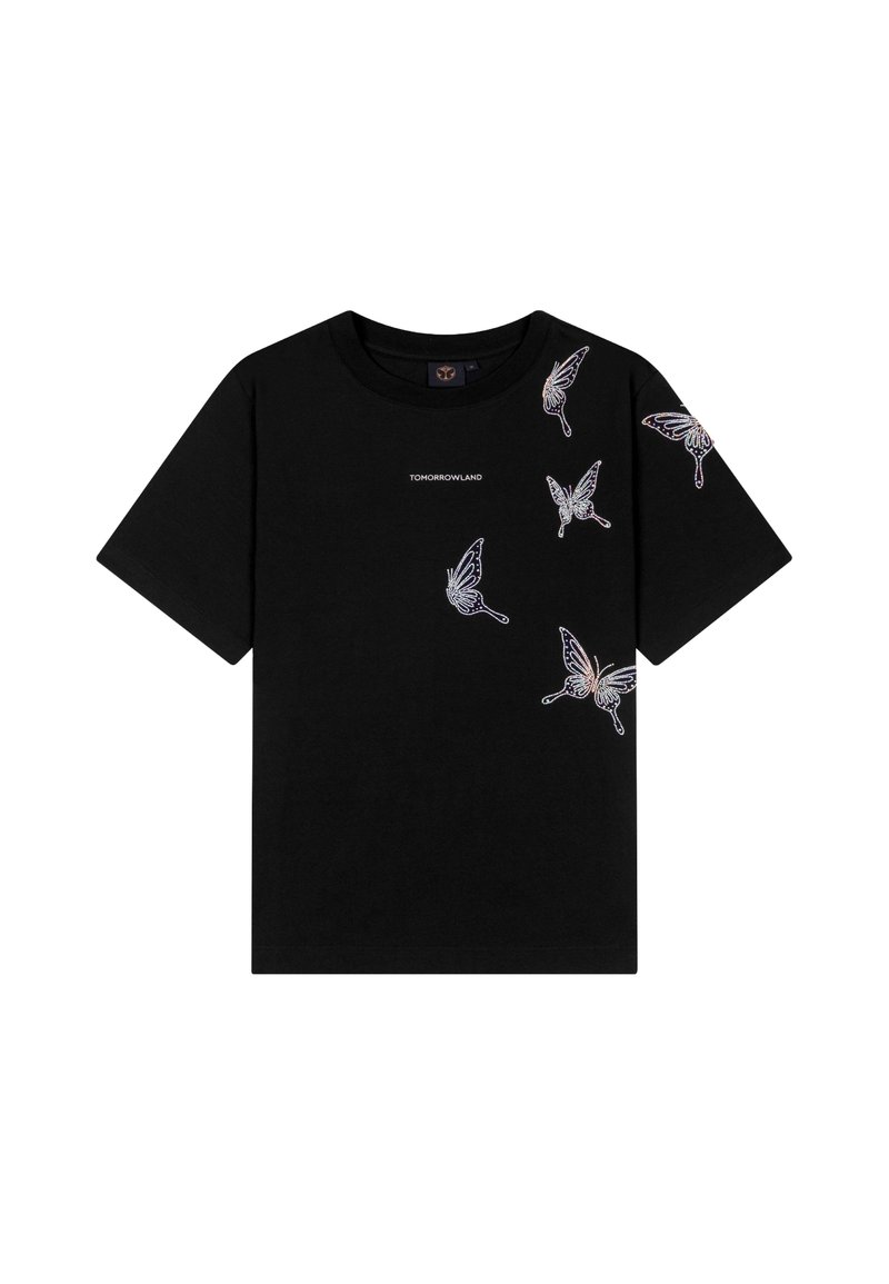 Black cotton t-shirt featuring six embroidered butterflies in white and blue, with a small "TOMORROWLAND" logo centered on the front.
