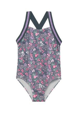 Bañador con un patrón floral oscuro con flores rosas y verdes, tirantes cruzados en verde oscuro con detalles púrpuras, tejido suave.