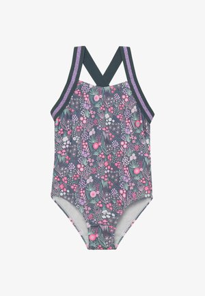Badeanzug mit dunkelblumigem Muster in Pink und Grün, gekreuzte Rückenriemen in Dunkelgrün mit lila Akzenten, glatter Stoff.