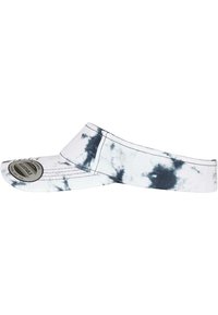 Valge ja musta tie-dye mustriga vizor, millel on lai ääreosa, reguleeritav rihm ja ümmargune logo lapiga ees. Puuvilla segu materjal.