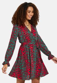 Grünes Kleid mit einem rot-schwarzen Leopardenmuster. Lange Ärmel, V-Ausschnitt, tailliert und mit weit ausladendem Rock. Weicher Stoff mit glatter Textur.