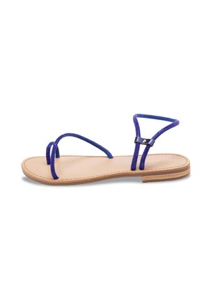 Purple braided straps on a tan leather sole, flat design with a subtle wooden accent on the sole edge, minimalist and open-toed style.