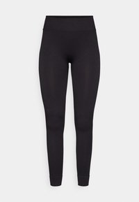 Černé, žebrované legíny s vysokým pasem, zúženými nohavicemi a hladkým povrchem, navržené pro pohodlí a flexibilitu.