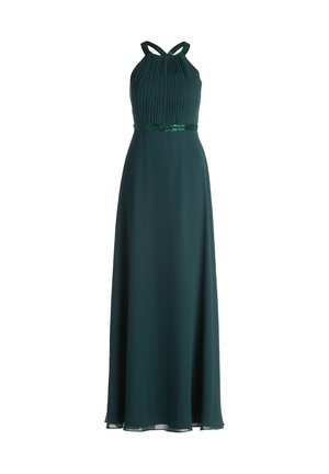 Long green dress with pleated bodice and a halter neckline. Features a sequin-accented waist and flowing skirt with a slight sheen.