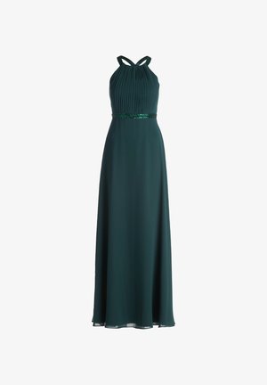 Long green dress with pleated bodice and a halter neckline. Features a sequin-accented waist and flowing skirt with a slight sheen.