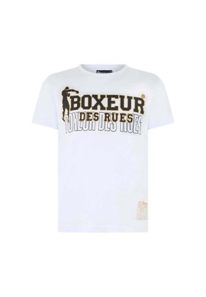 T-shirt blanc à manches courtes avec le texte noir et or en gras "BOXEUR DES RUES" et une silhouette de boxeur en haut au centre devant.