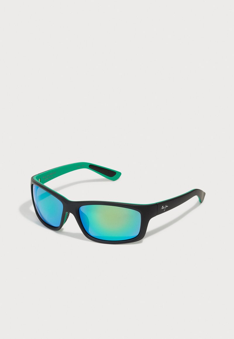 Black sunglasses with green accents, rectangular lenses featuring blue-green mirror coating, matte frame texture, and straight arms.