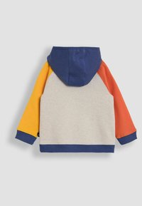 Multicolored Kapuzenpullover mit grauem Körper, blauer Kapuze und orangefarbenen sowie gelben Ärmeln. Mit gerippten Bündchen und Saum. Aus einem weichen Baumwollgemisch.