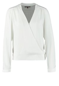 Weiße langärmlige Bluse aus einem weichen, glatten Stoff, mit einem V-Ausschnitt, leichten Raffung an den Schultern und einem cropped Schnitt in der Taille.