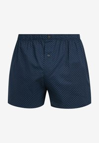 Marineblauwe boxershorts met een patroon van kleine lichtblauwe diamantvormen. Elastische tailleband met een knoopsluiting.