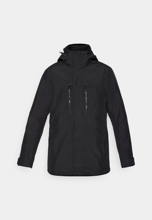 Μαύρο αδιάβροχο μπουφάν με κουκούλα, με φερμουάρ μπροστινές τσέπες και ίσια γραμμή. Διαθέτει ρυθμιζόμενους σφιγκτήρες στους καρπούς και λεία υφή.