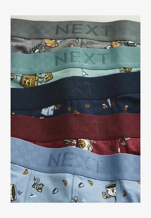 Herrboxershorts i olika färger, inklusive grå, teal, mörkblå, vinröd och ljusblå. Har elastiska midjeband med "NEXT"-branding och mönster.