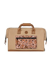 Beige Reisetasche mit strukturierter Oberfläche, ausgestattet mit braunen Ledergriffen und einer gemusterten Fronttasche in Orange-, Weiß- und Blautönen.