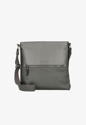 Szürke keresztpántos táska sima és texturált anyagból, állítható pánttal és elülső cipzáras zsebbel.