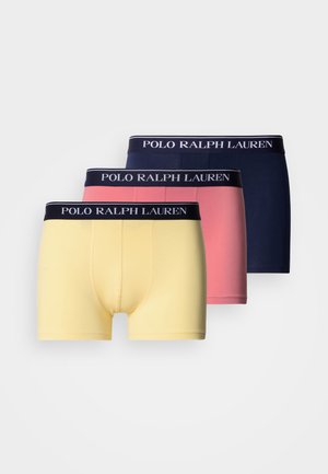 Polo Ralph Lauren boxers in yellow, pink, and navy. Soft cotton blend, mid-length, with elastic waistband featuring logo in white text.