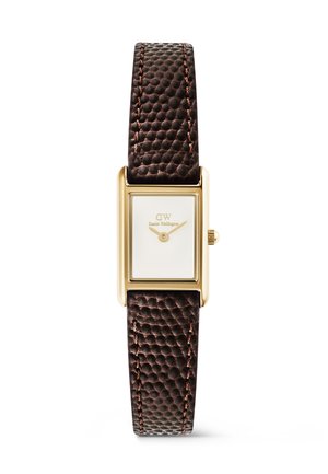 Rechteckige goldene Uhr mit weißem Zifferblatt, minimalistische goldene Zeiger und strukturierter dunkelbrauner Lederarmband mit sichtbaren Nähten.