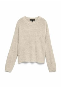 Pullover beige lavorato a maglia con scollatura rotonda, maniche lunghe e finitura testurizzata. Design cropped con polsini e orlo a coste.