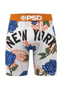 Mørkeblå rosemønster på hvite boxershorts i stoff med svart "NEW YORK"-tekst. Har oransje midjebånd med "PSD"-logo.