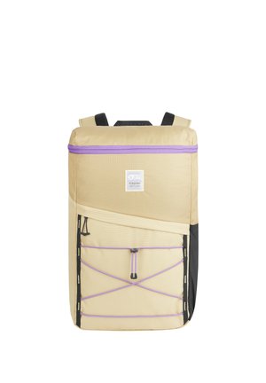Beige backpack with a purple zipper, a bungee cord design on the front, and black accents. Made of durable fabric with a structured shape.