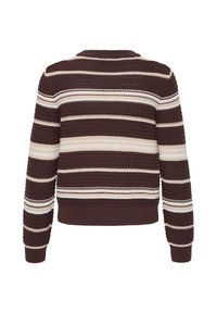 Pull tricoté à manches longues avec des rayures horizontales en marron foncé, beige et blanc, vu de dos.