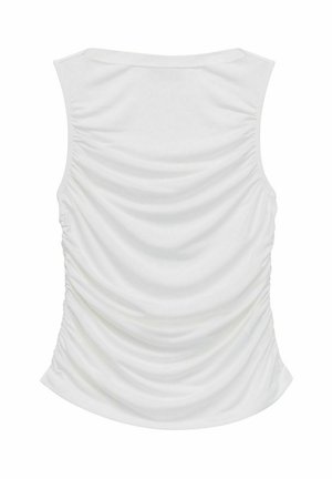 Witte mouwloze top met een geplooid textuur aan de achterkant, voorzien van een gladde stof en een ronde halslijn. Geen zichtbare metalen elementen of patronen.