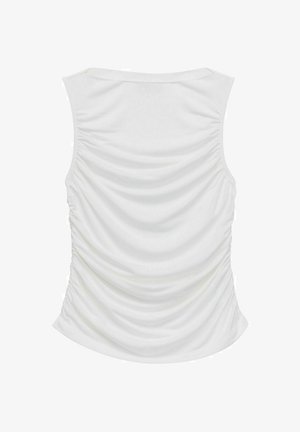 Valkoinen hihaton toppi, jossa on k gathered-tekstuuria takana, pehmeää kangasta ja pyöreä kaula-aukko. Ei näkyviä metalliosia tai kuvioita.