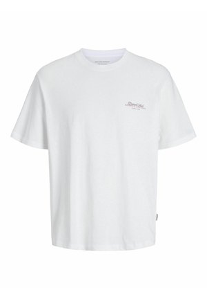 T-shirt en coton blanc avec une coupe décontractée, des manches courtes, un col rond et un petit motif graphique en rouge et noir sur le côté gauche de la poitrine.