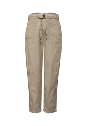 Pantalon décontracté beige avec poches plaquées à l'avant, fermeture par bouton et taille à cordon, coupé avec des jambes droites.