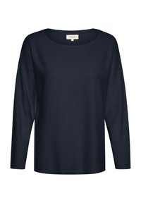 Pull marin à col rond, à manches longues, et à coupe ample. Fabriqué en tissu doux, il présente une texture lisse et un design minimaliste.