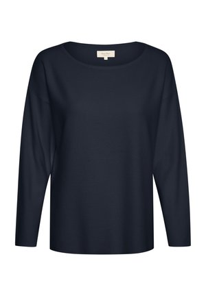 Maglione navy con collo rotondo, maniche lunghe e vestibilità ampia. Realizzato in tessuto morbido, presenta una texture liscia e un design minimale.