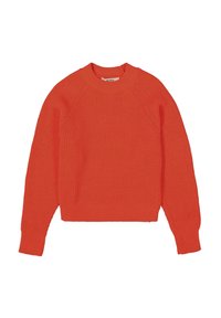 Red knitted long-sleeve sweater with crew neck and ribbed cuffs and hem, laid flat on a white background.