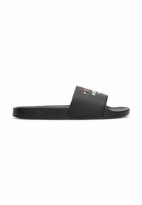 Infradito neri con una finitura opaca e liscia, dotati di una larga fascetta e branding embossato. Suola piatta, design minimalista e senza motivi visibili.