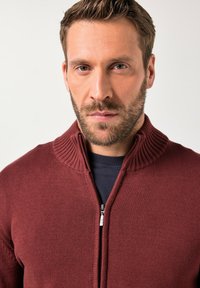 Burgundský zipový svetr s ribkovaným límcem, s texturovaným pleteným vzorem a stříbrným zipem. Nesený přes námořnické tričko.