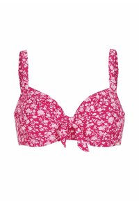 Rosafärgad bh med blommönster, formarade kupor, justerbara band och en framknutningsdetalj. Har små vita blommor på en livfull bakgrund.