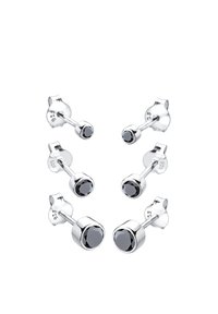 Silberne Ohrstecker mit schwarzen Edelsteinen, runde Form, polierte Oberfläche und mit "925" für die Authentizität von Sterlingsilber gekennzeichnet.