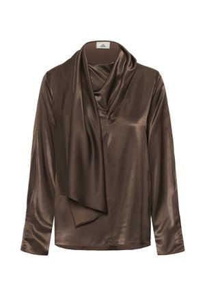 Haut en satin brun à manches longues, avec un décolleté drapé et une texture lisse. Prend la forme d'une coupe décontractée et présente des éléments de design minimalistes.
